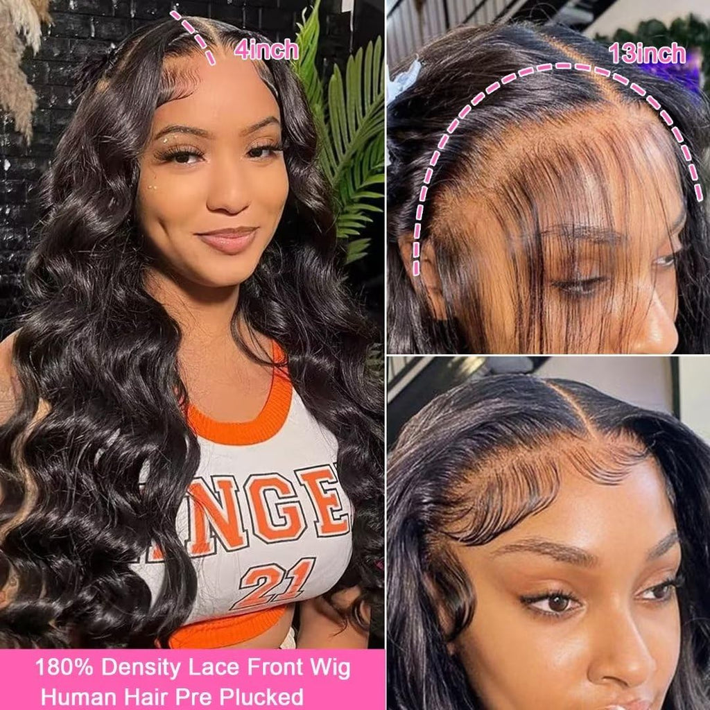 Body Wave Lace Front Human Hair Wig, 180 Density, 26 in, 13x4 HD