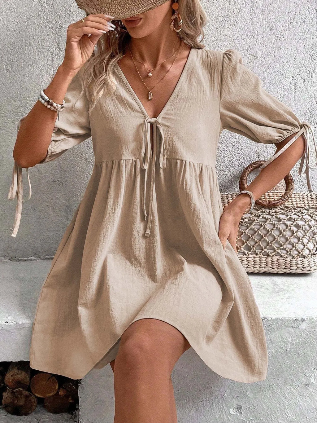 V-Neck Tie-Front Mini Dress with Puff Sleeves - URBANPICK FASHION