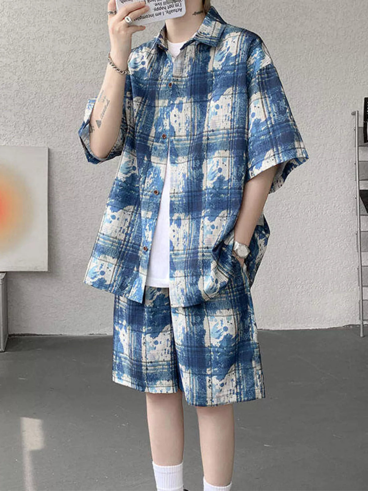 Men's Plus Size Casual Plaid Print Shirt & Shorts Set - URBANPICK FASHION
