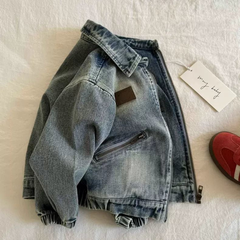 Kids Retro Distressed Denim Jacket – Light Blue