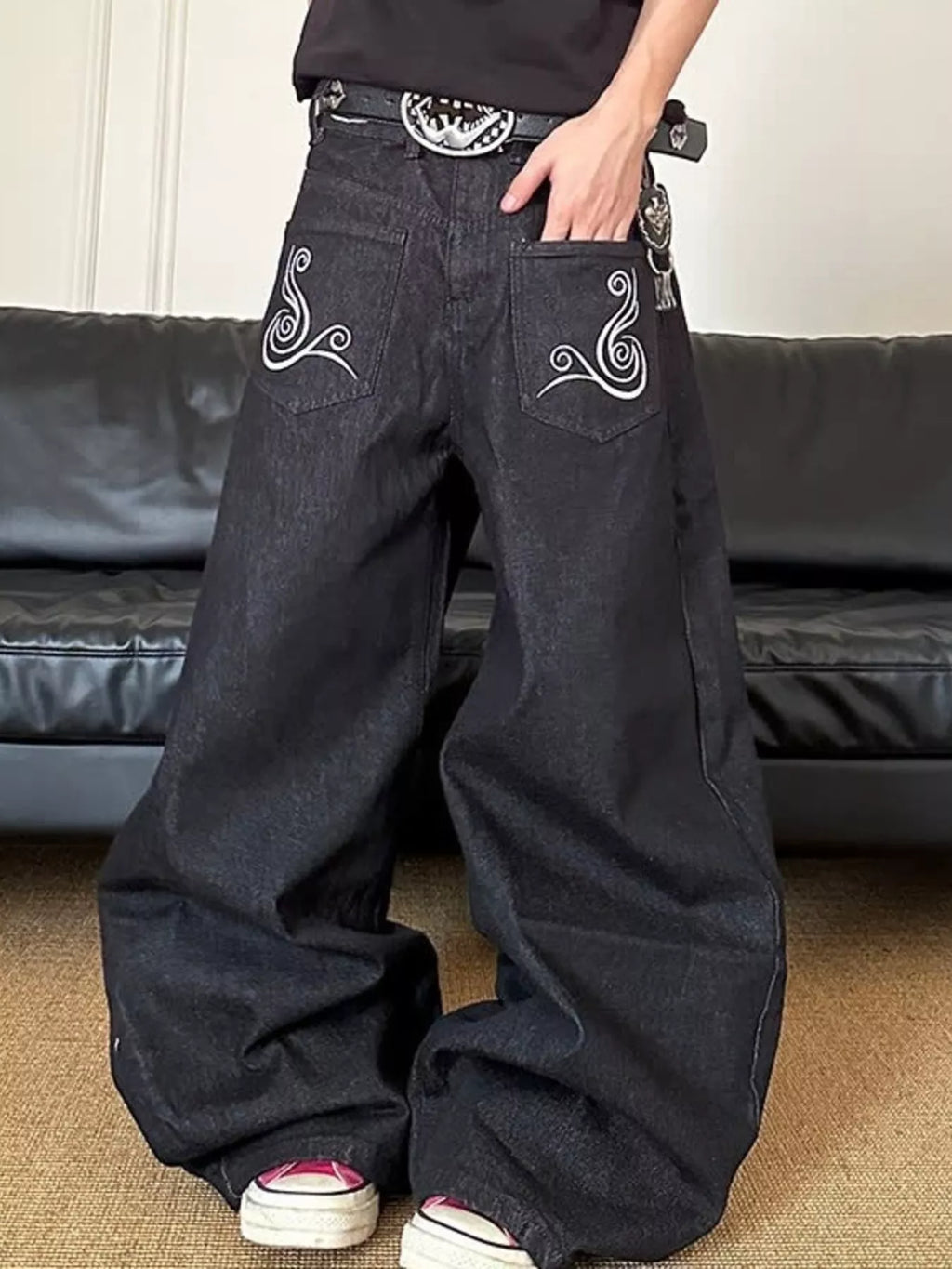 Men's Full Size Embroidered Wide Leg Jeans Plus Size - URBANPICK FASHION