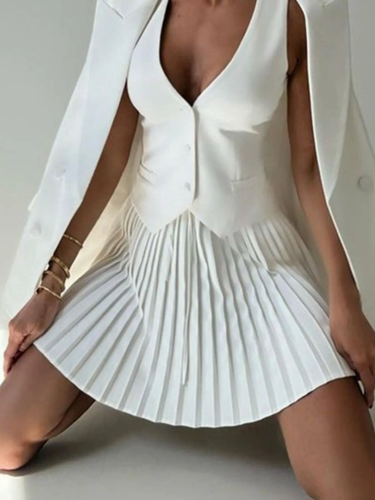Button Up Vest and Pleated Mini Skirt Set - URBANPICK FASHION