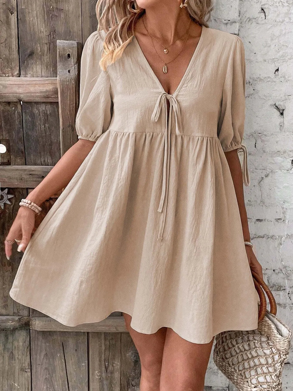 V-Neck Tie-Front Mini Dress with Puff Sleeves - URBANPICK FASHION