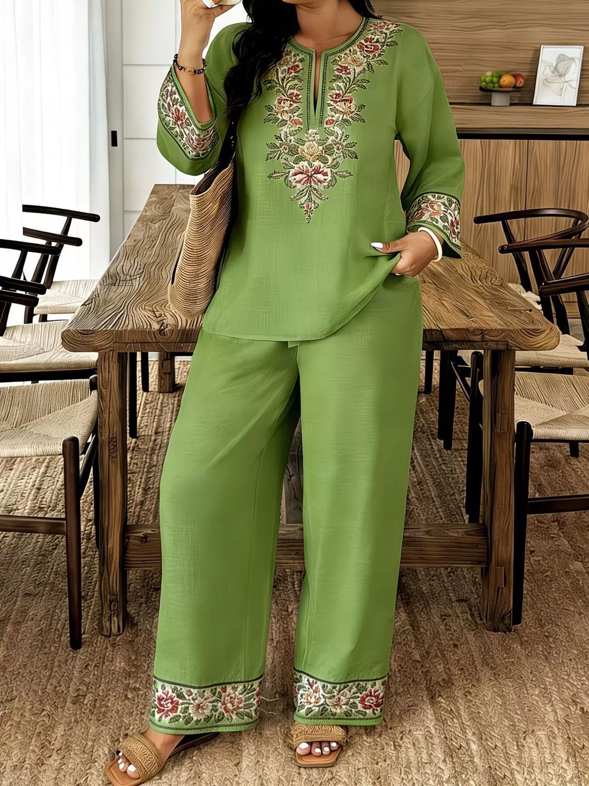 Full Size Embroidered Long Sleeve Top and Pants Set Plus Size - URBANPICK FASHION