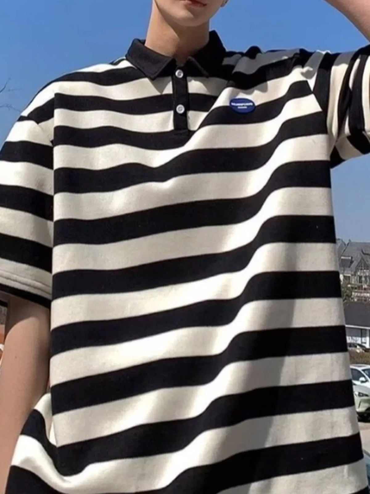 Men's Plus Size Striped Short Sleeve Oversized Polo - URBANPICK FASHION