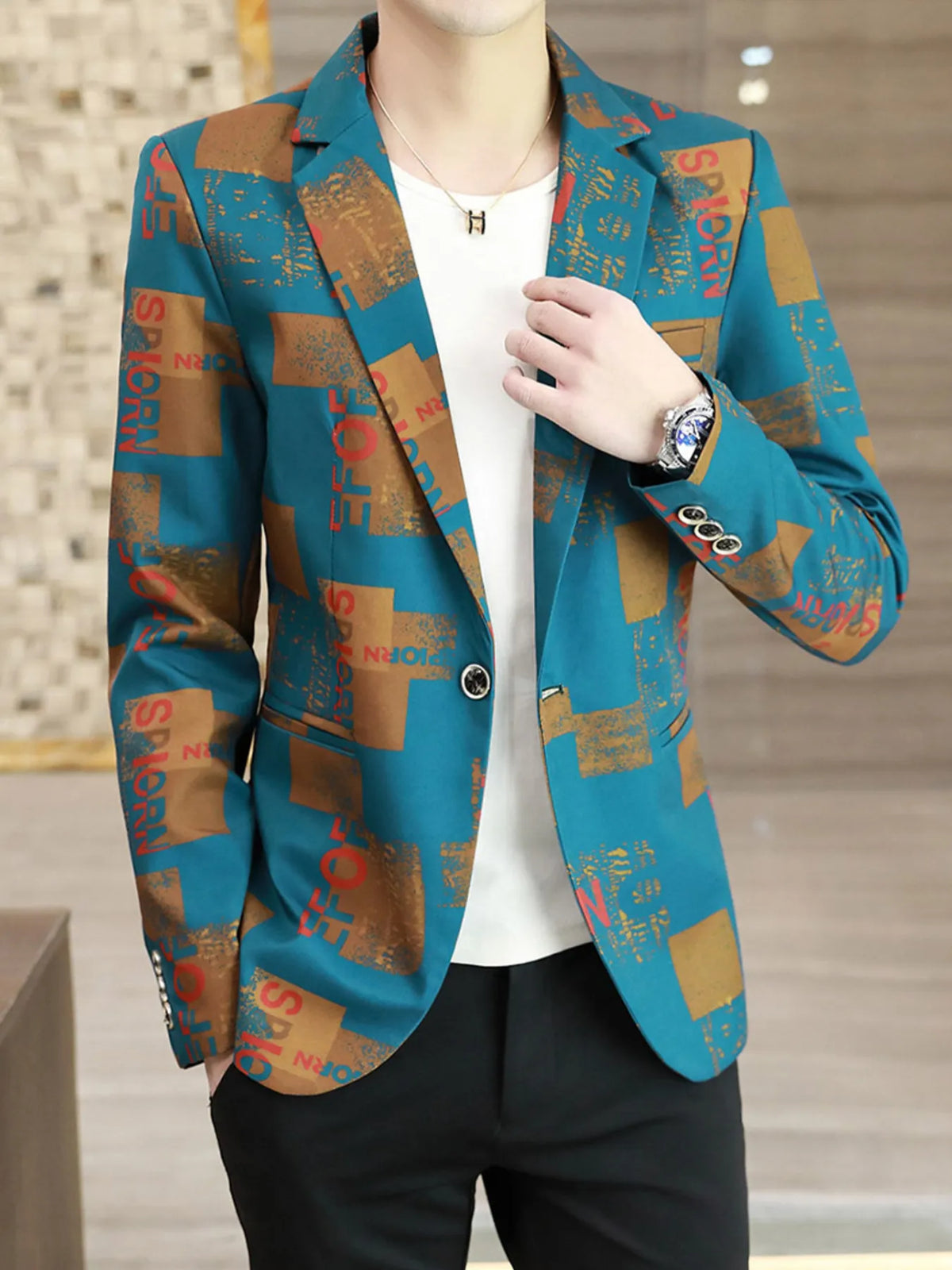Men's Plus Size Printed One Button Slim Fit Blazer - URBANPICK FASHION