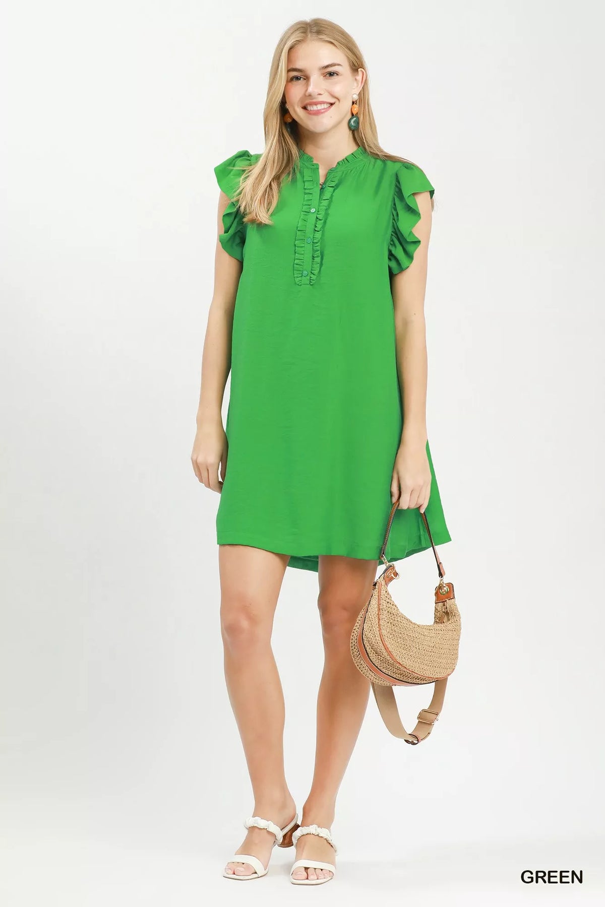 Umgee Ruffle Sleeve Henley Shift Dress - URBANPICK FASHION