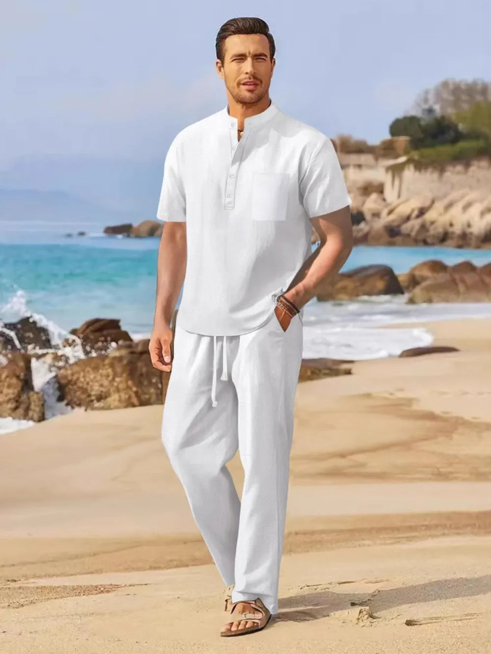 Men's Full Size Half Button Top and Drawstring Pants Set Plus Size - URBANPICK FASHION