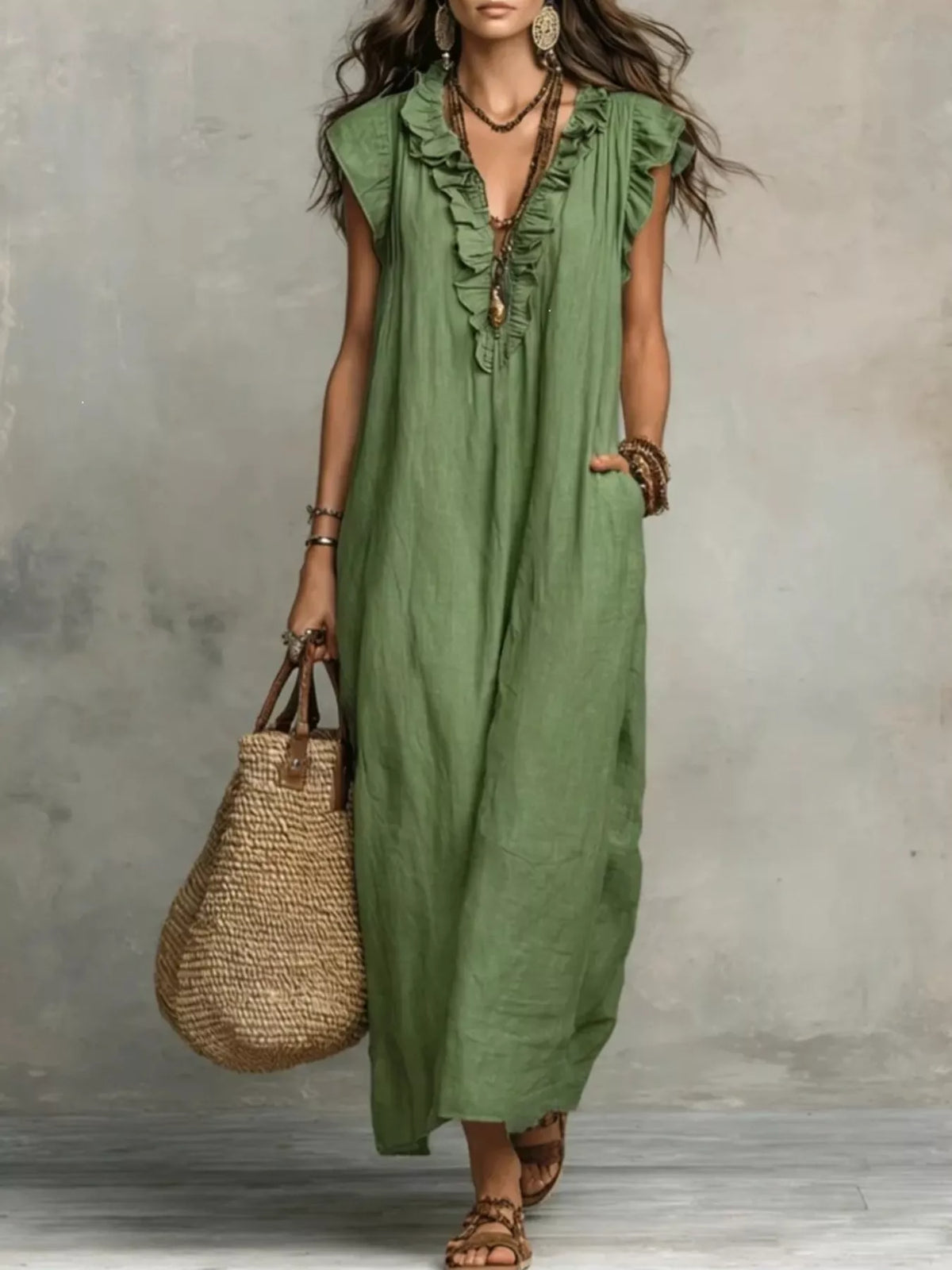 Full Size Ruffled V-Neck Cap Sleeve Maxi Dress Plus Size - URBANPICK FASHION