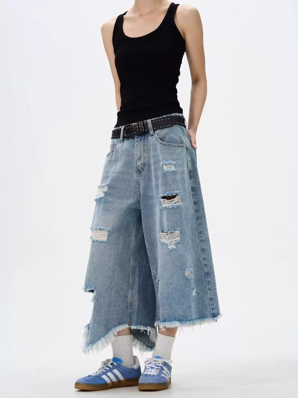 Men's Full Size Distressed Raw Hem Wide Leg Jeans Plus Size - URBANPICK FASHION