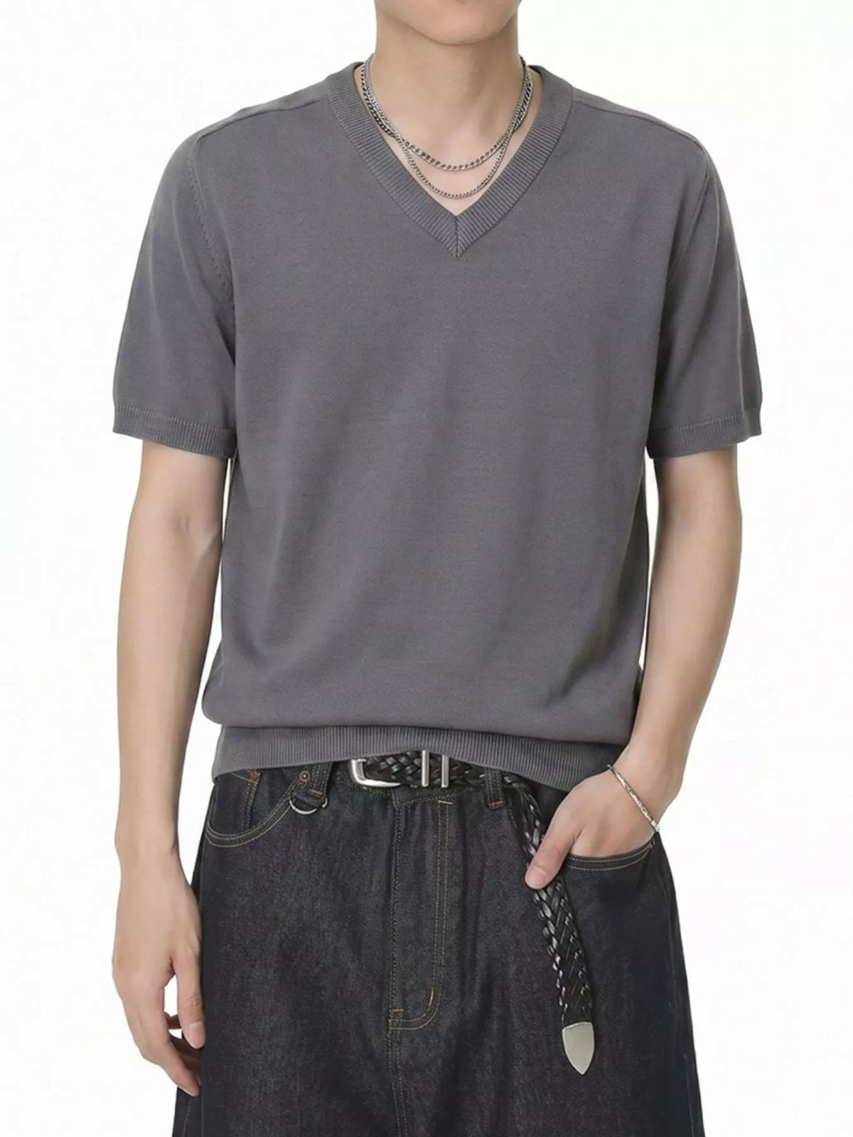 Men's V-Neck Short-Sleeve Knit T-Shirt - URBANPICK FASHION