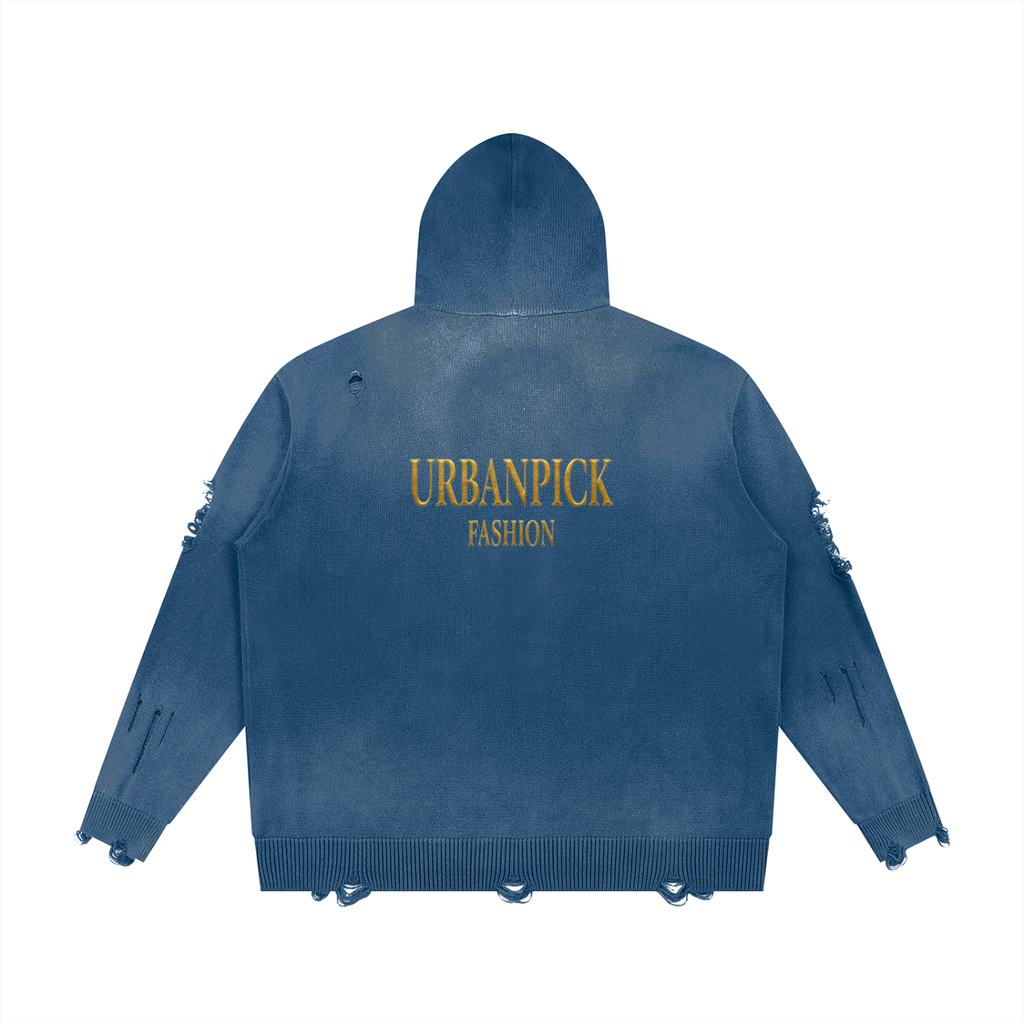 Distressed Full-Zip Hoodie — Washed Blue