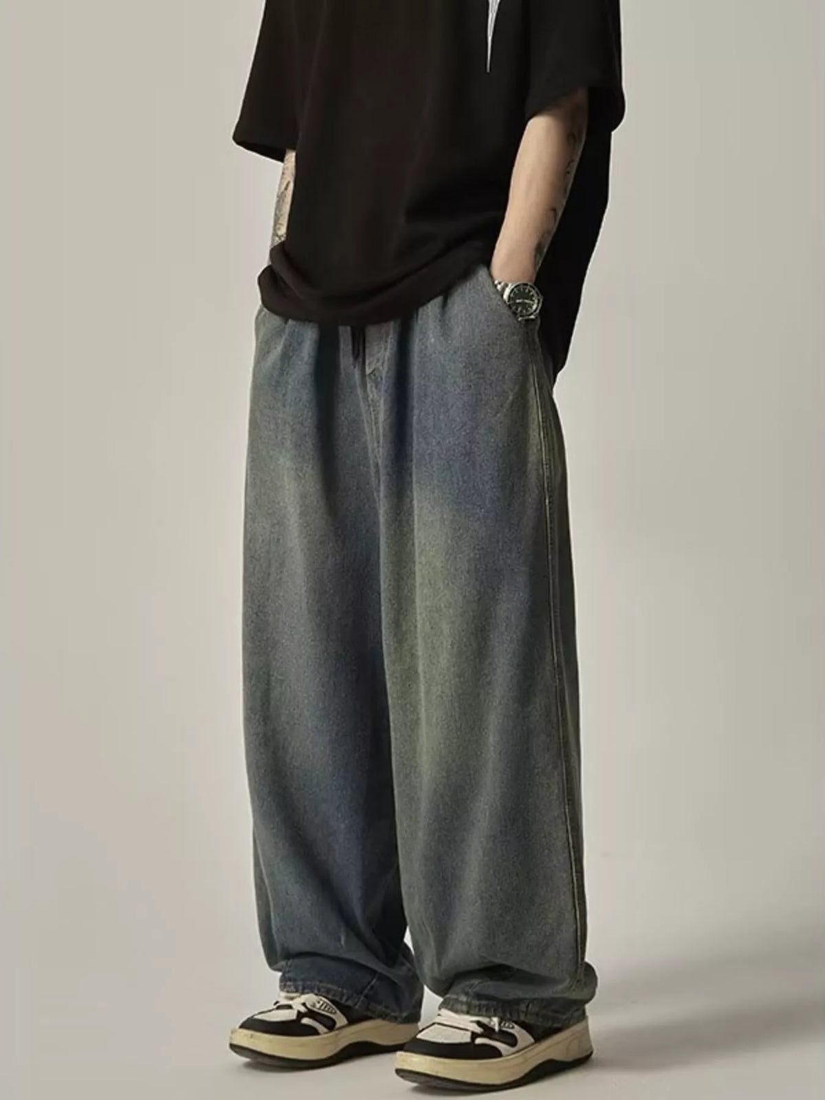 Men's Plus Size Vintage Wash Wide Leg Jeans - URBANPICK FASHION