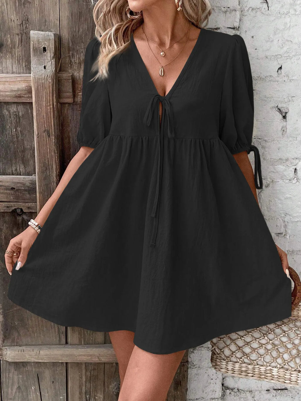 V-Neck Tie-Front Mini Dress with Puff Sleeves - URBANPICK FASHION