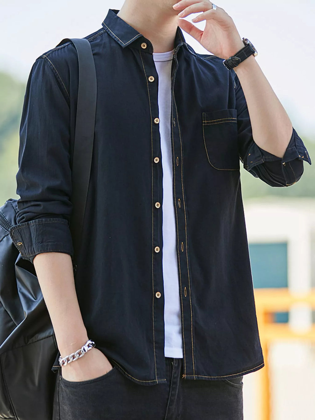 Men's Full Size Button Up Long Sleeve Denim Shirt Plus Size - URBANPICK FASHION