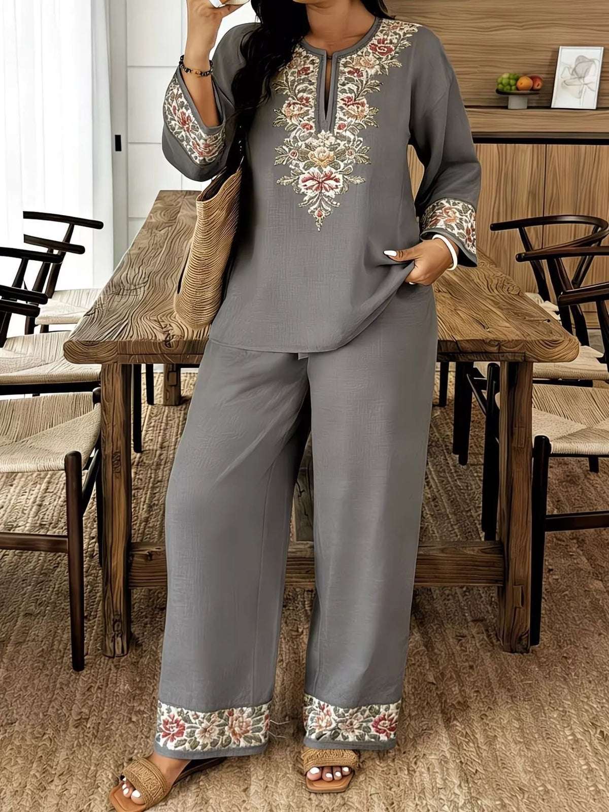 Full Size Embroidered Long Sleeve Top and Pants Set Plus Size - URBANPICK FASHION