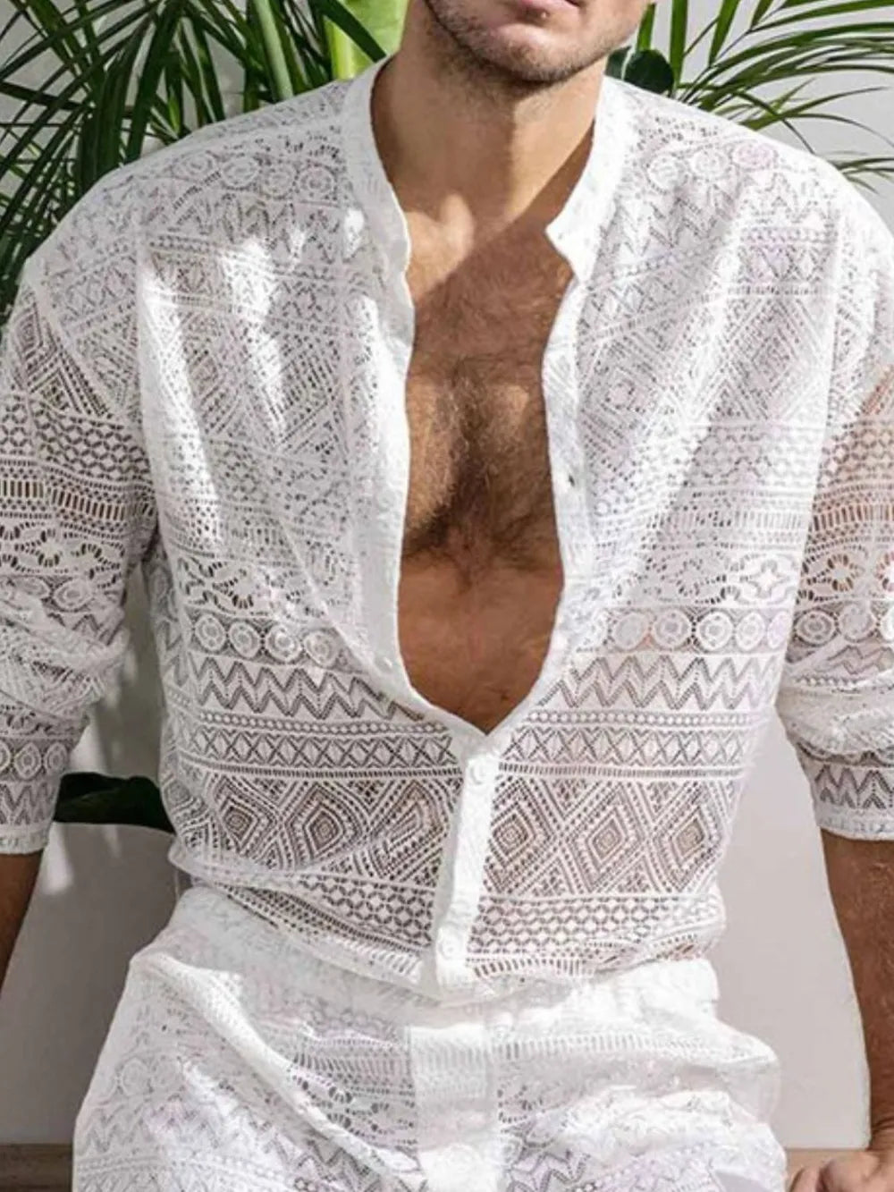 Men's Full Size Lace Button Down Top and Shorts Set Plus Size - URBANPICK FASHION