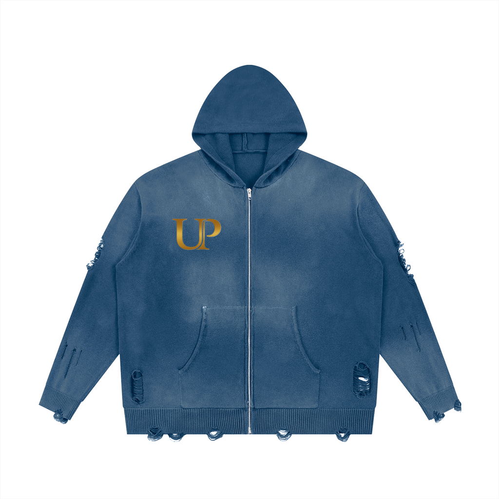 Distressed Full-Zip Hoodie — Washed Blue