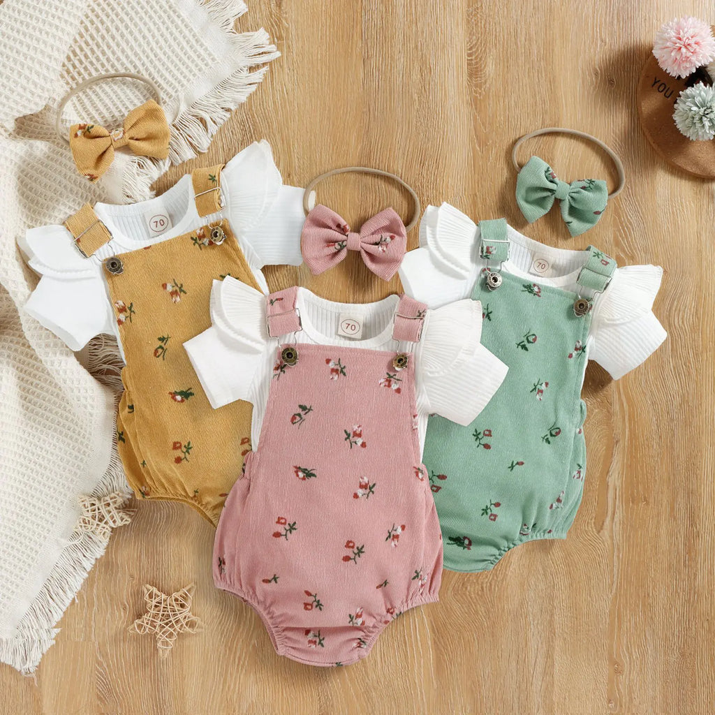 Girls' Floral Corduroy Suspender Pants Set with Headband - URBANPICK FASHION