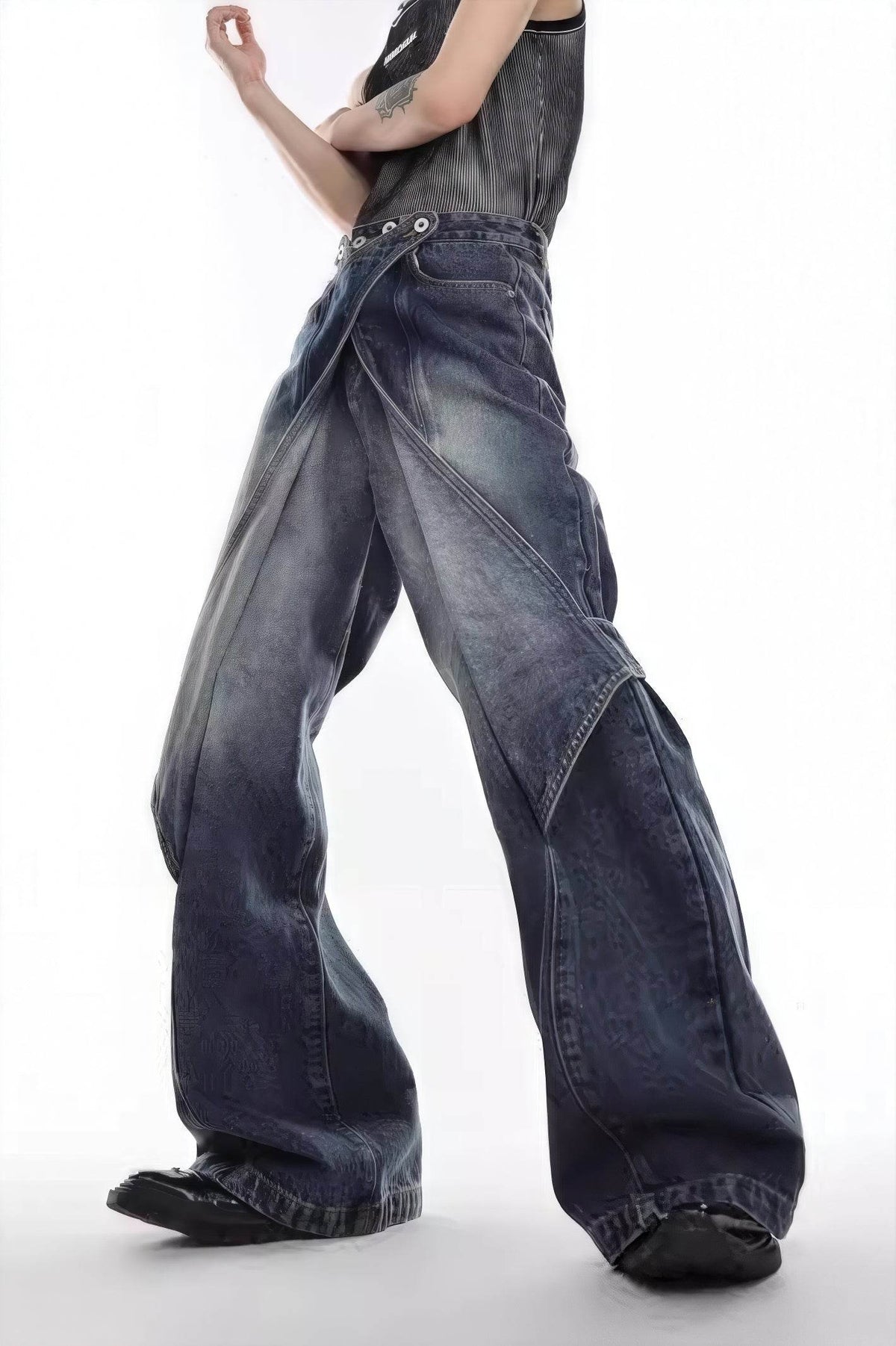 Distressed Denim Patchwork Jeans - Convertible Flare Design - URBANPICK FASHION