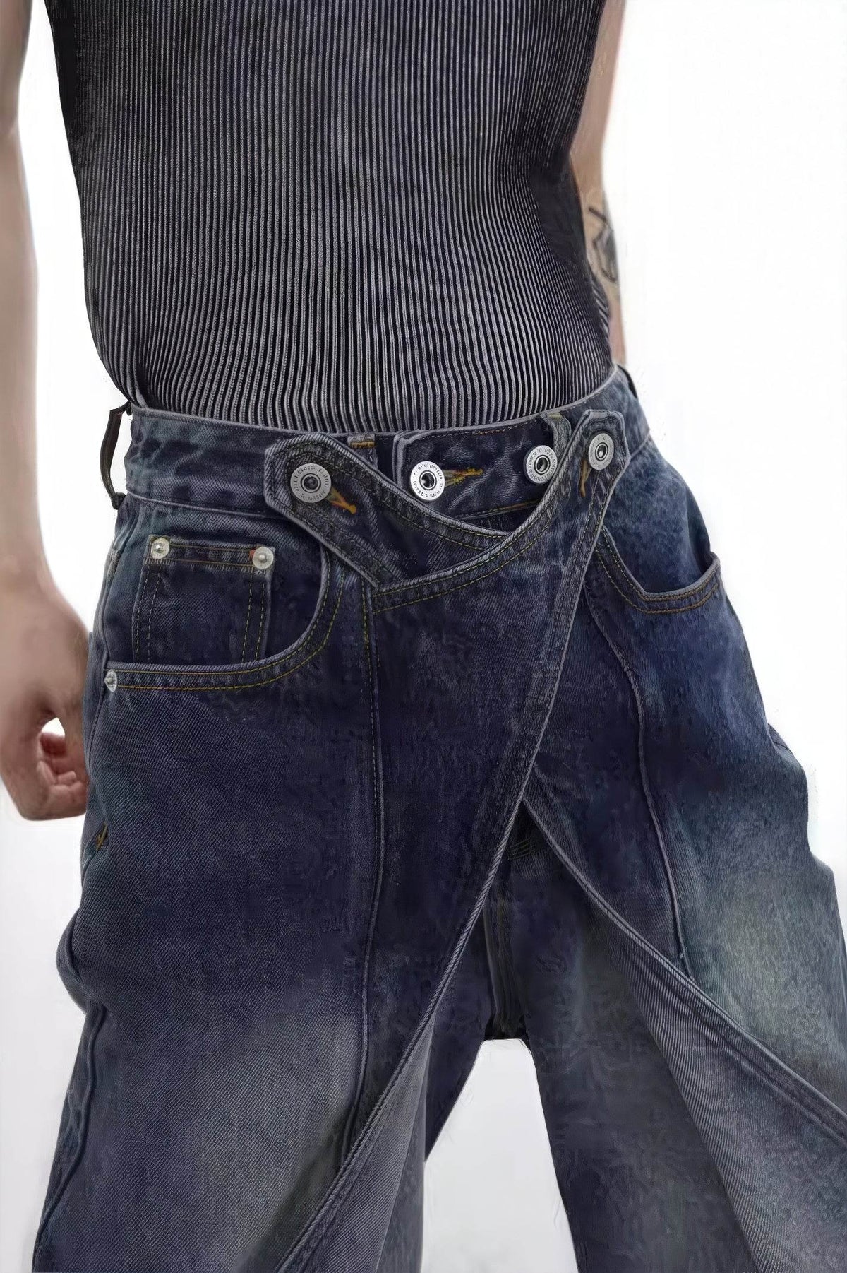 Distressed Denim Patchwork Jeans - Convertible Flare Design - URBANPICK FASHION