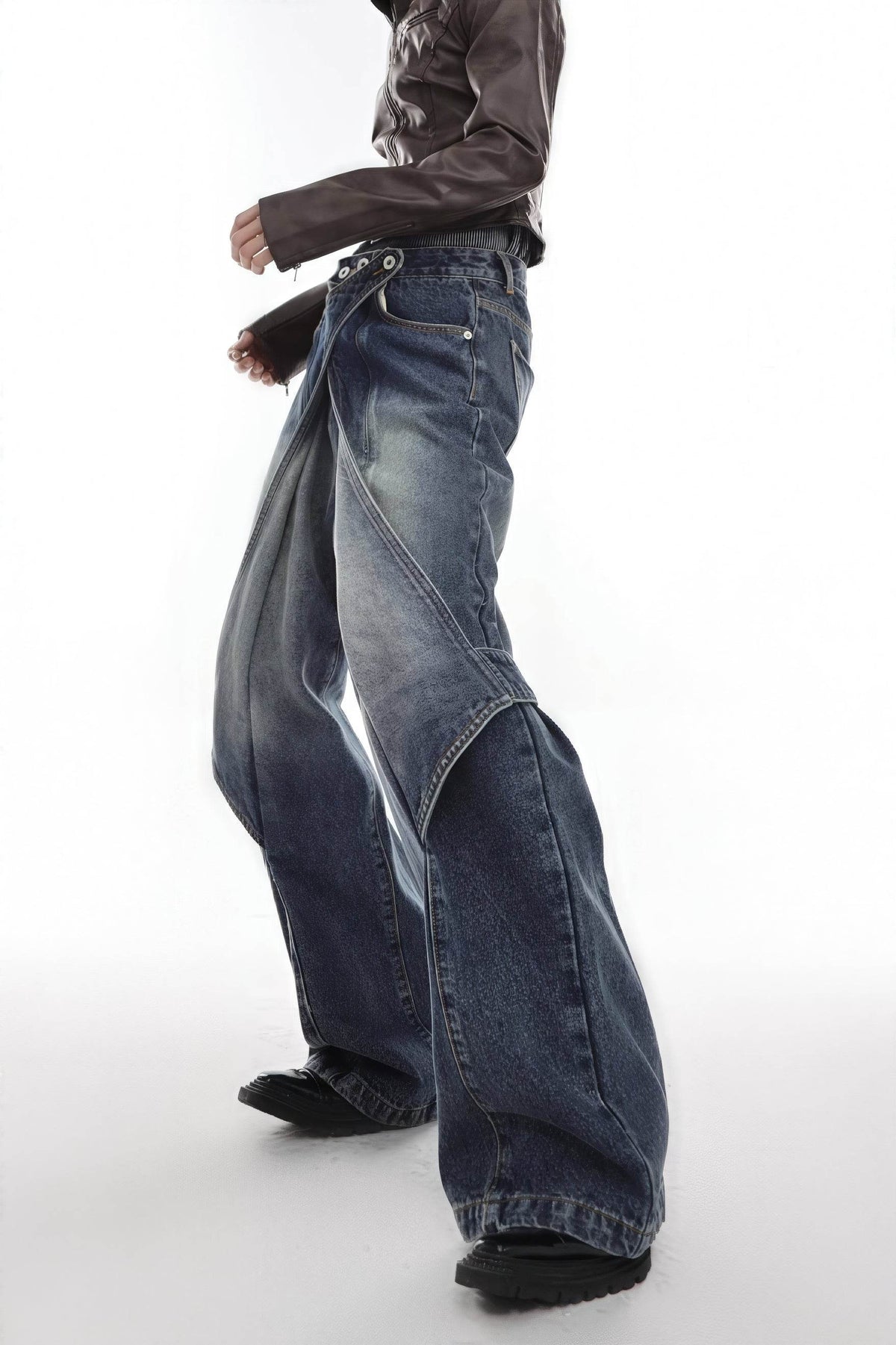 Distressed Denim Patchwork Jeans - Convertible Flare Design - URBANPICK FASHION