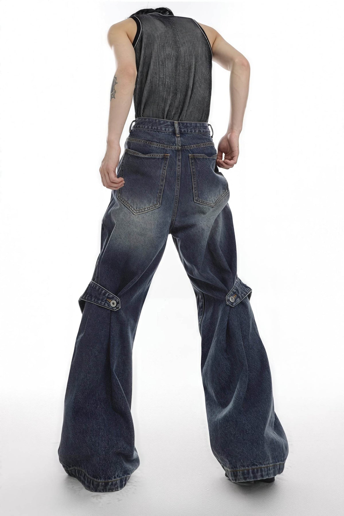 Distressed Denim Patchwork Jeans - Convertible Flare Design - URBANPICK FASHION