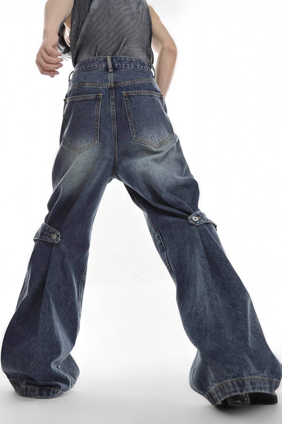 Distressed Denim Patchwork Jeans - Convertible Flare Design - URBANPICK FASHION