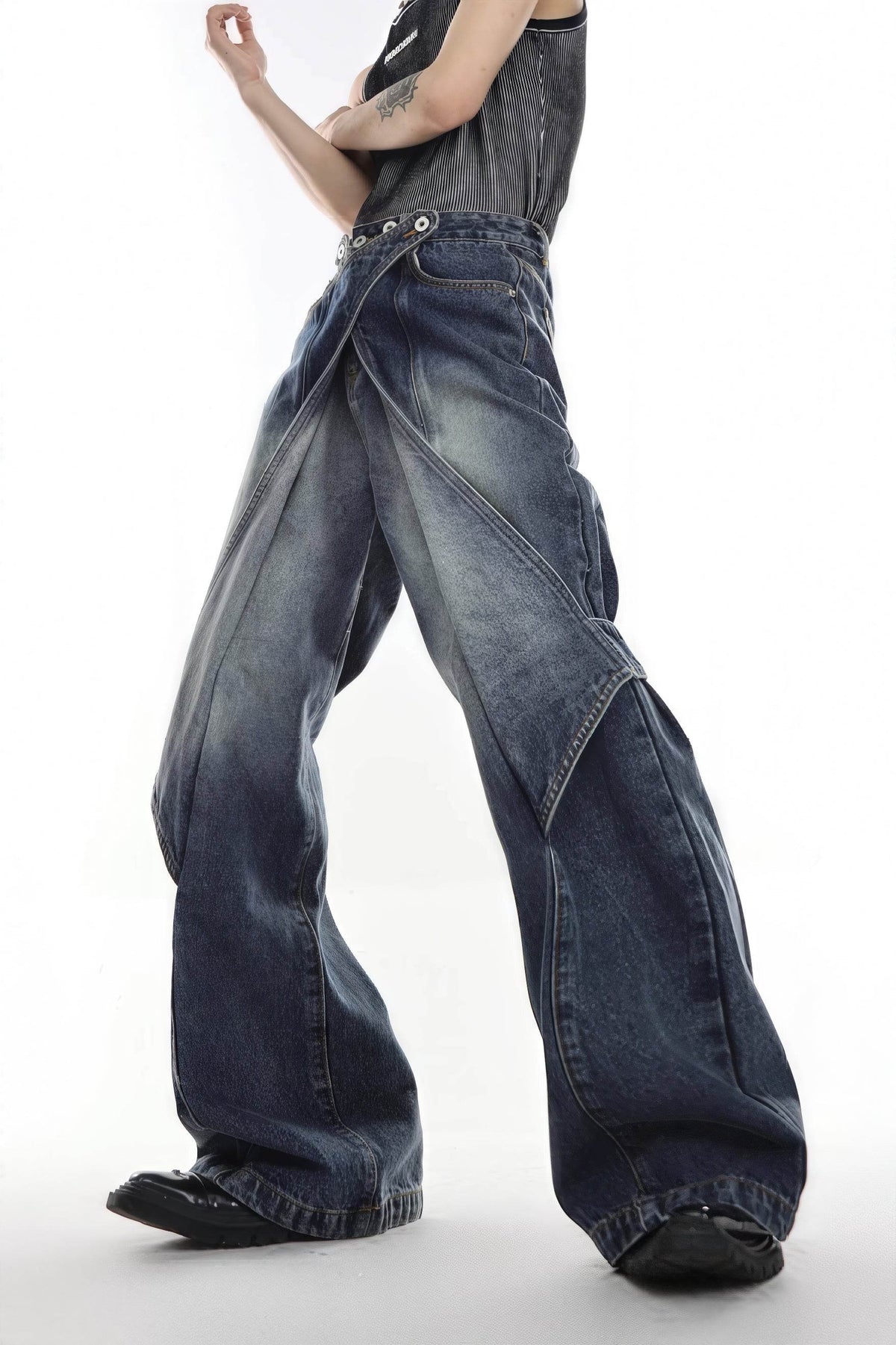 Distressed Denim Patchwork Jeans - Convertible Flare Design - URBANPICK FASHION