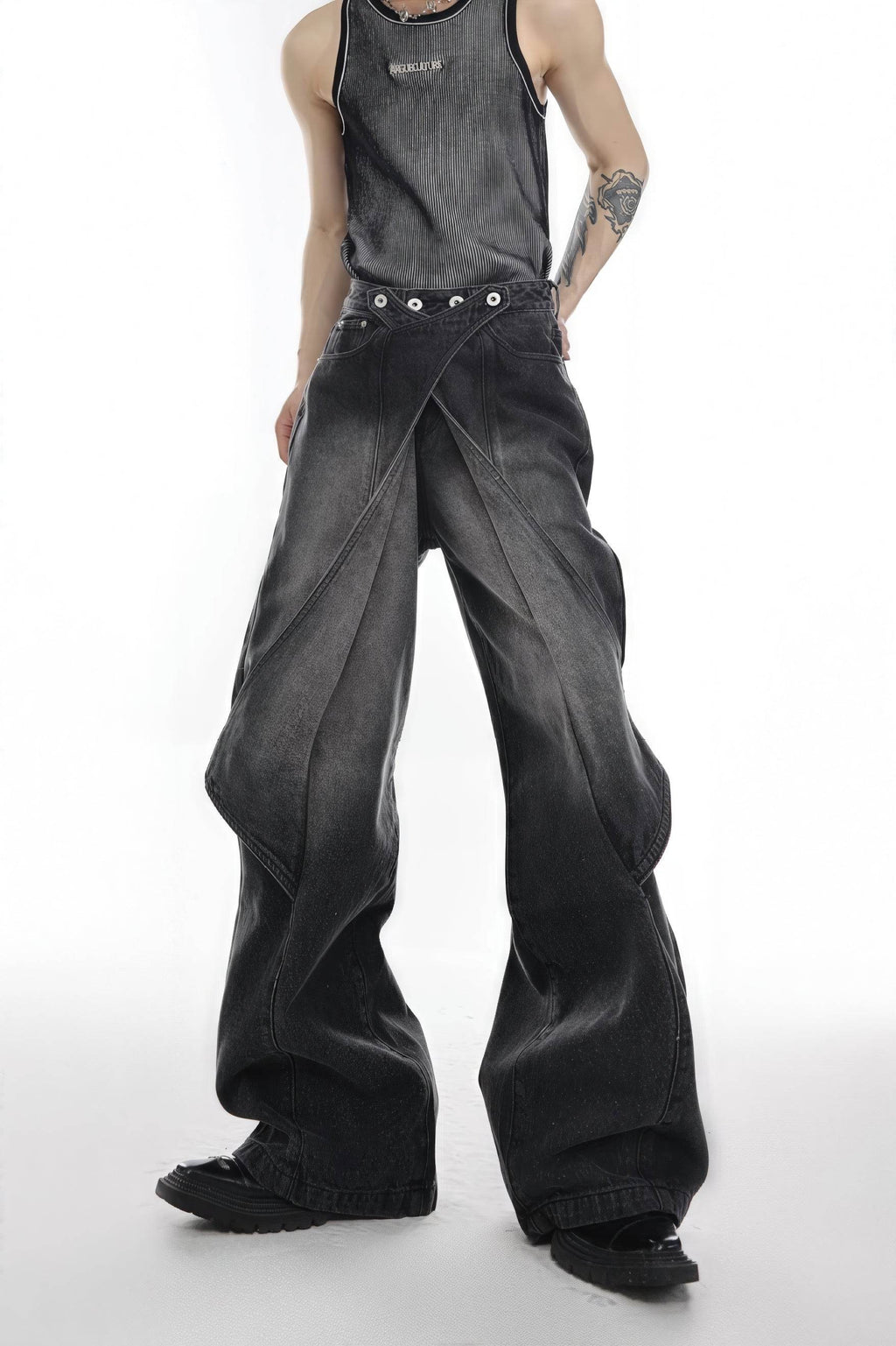Distressed Denim Patchwork Jeans - Convertible Flare Design - URBANPICK FASHION
