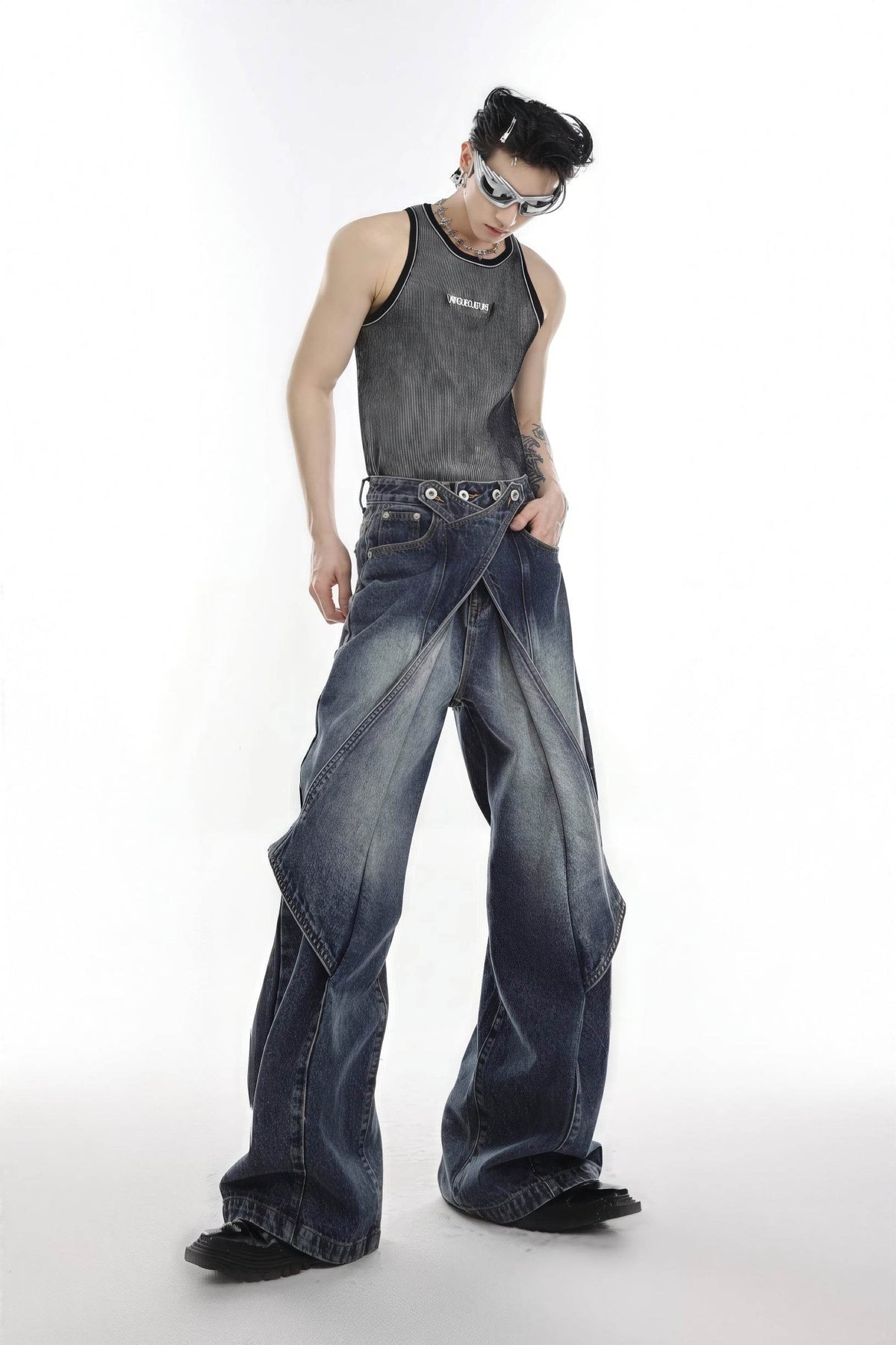 Distressed Denim Patchwork Jeans - Convertible Flare Design - URBANPICK FASHION
