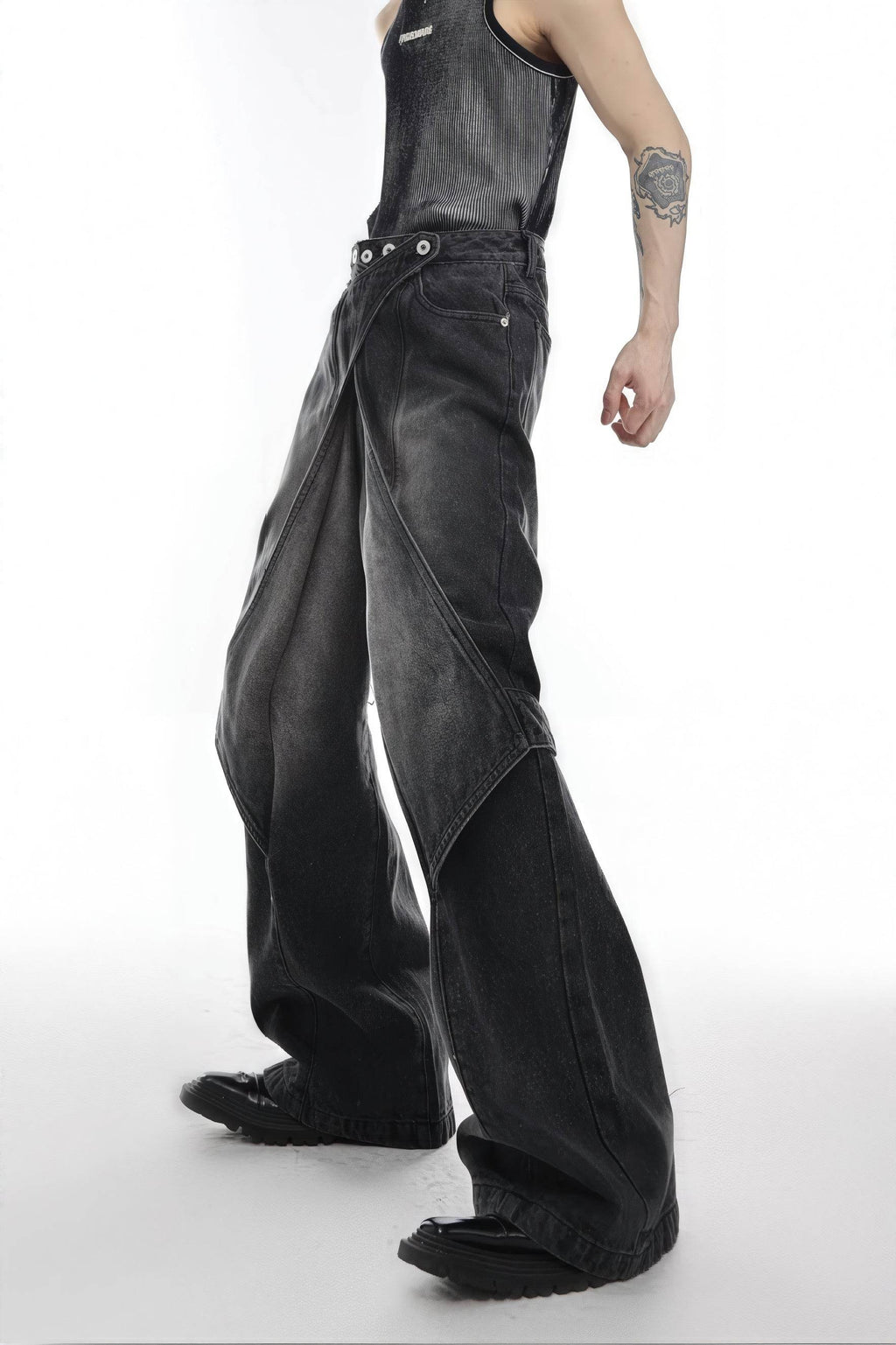 Distressed Denim Patchwork Jeans - Convertible Flare Design - URBANPICK FASHION