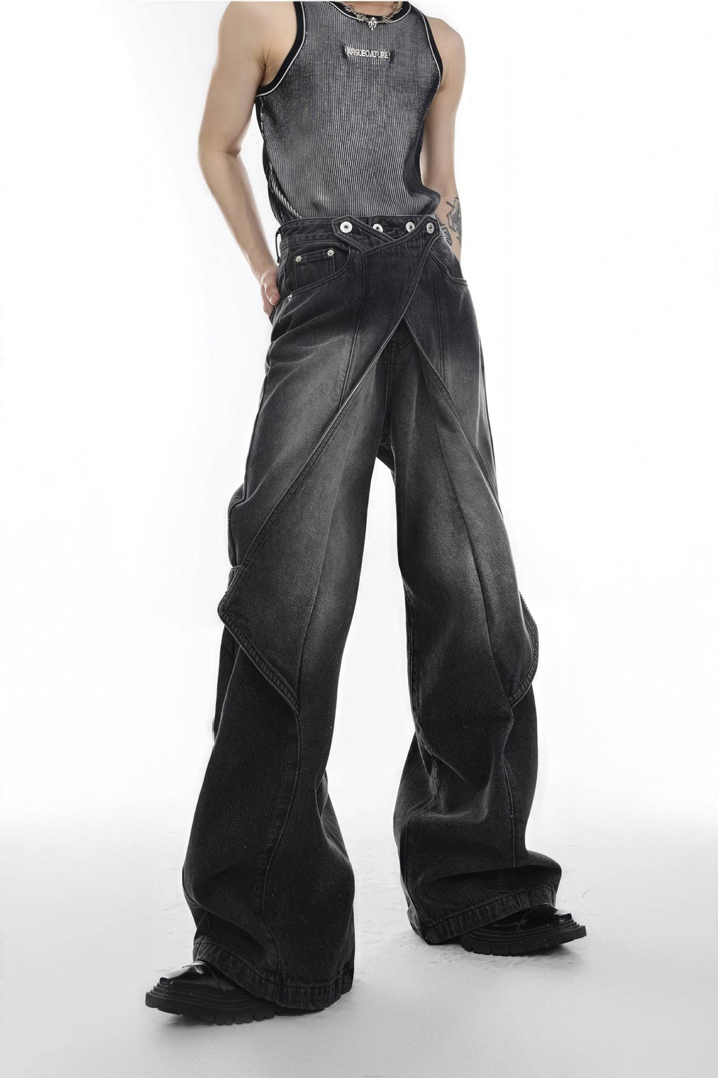 Distressed Denim Patchwork Jeans - Convertible Flare Design - URBANPICK FASHION