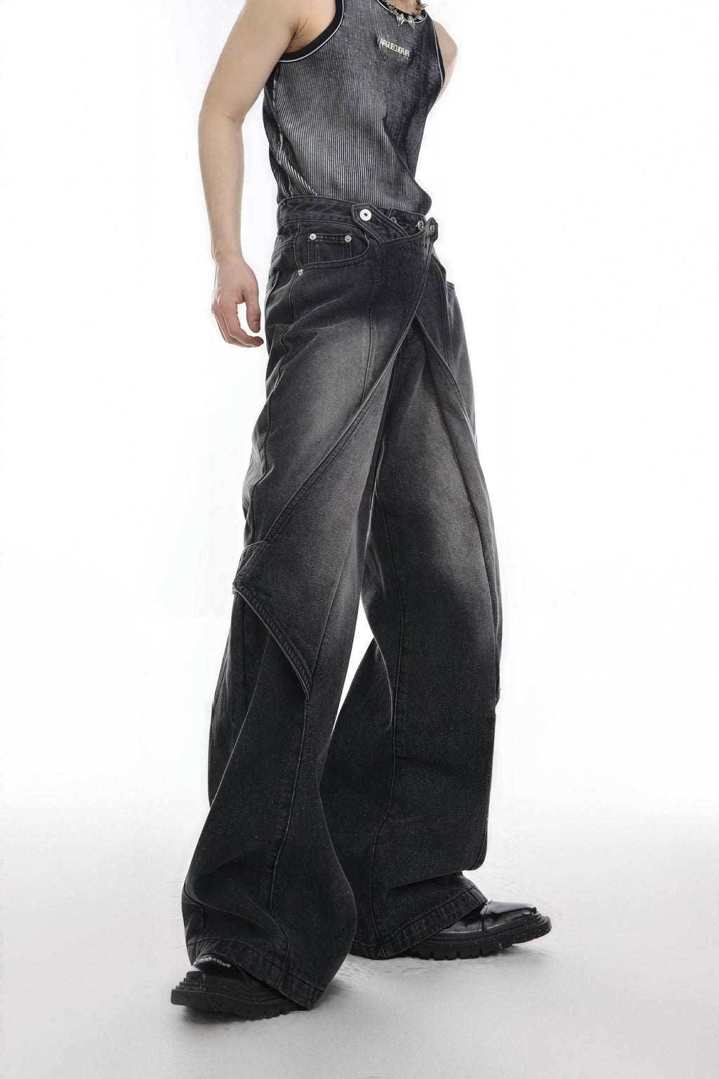 Distressed Denim Patchwork Jeans - Convertible Flare Design - URBANPICK FASHION