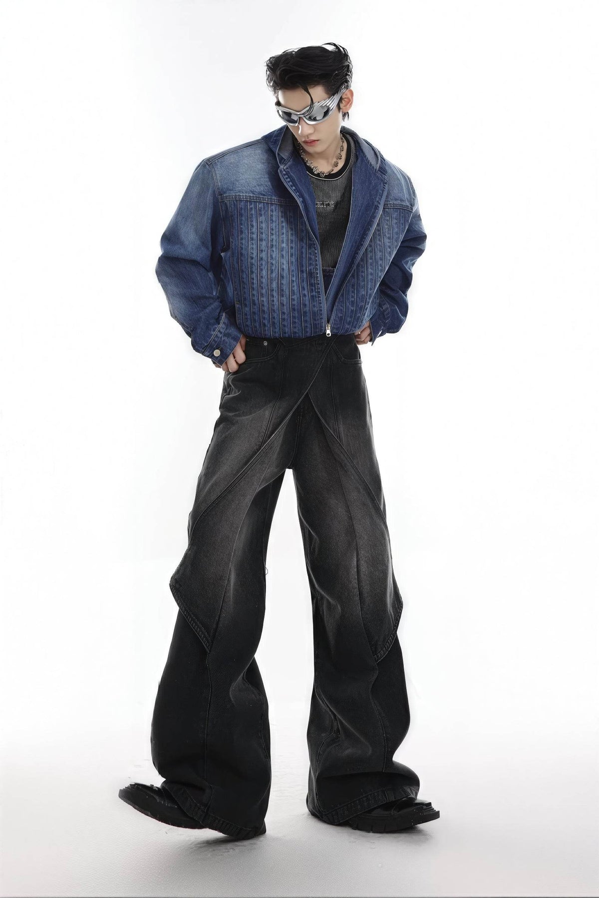 Distressed Denim Patchwork Jeans - Convertible Flare Design - URBANPICK FASHION
