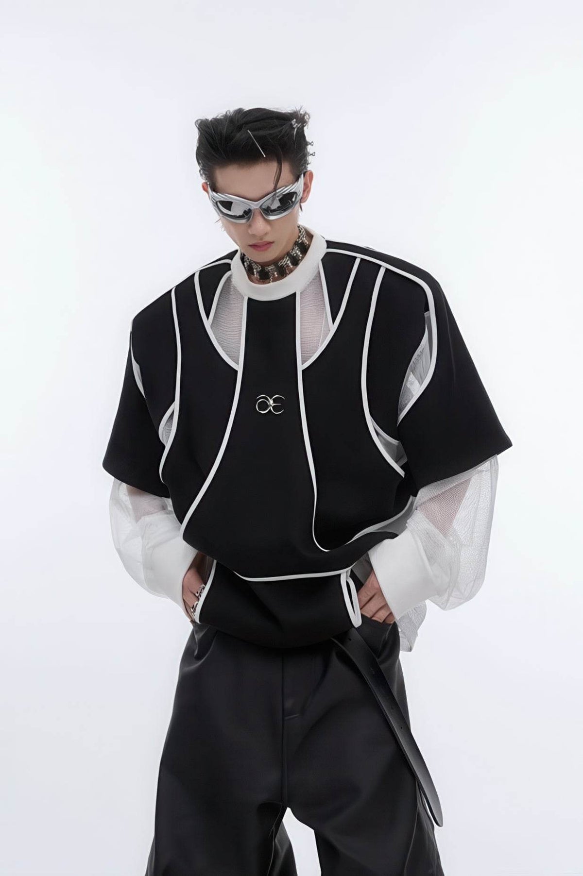 Deconstructed Split Hoodie - Heavyweight Metal Trim with Shoulder Pads - URBANPICK FASHION