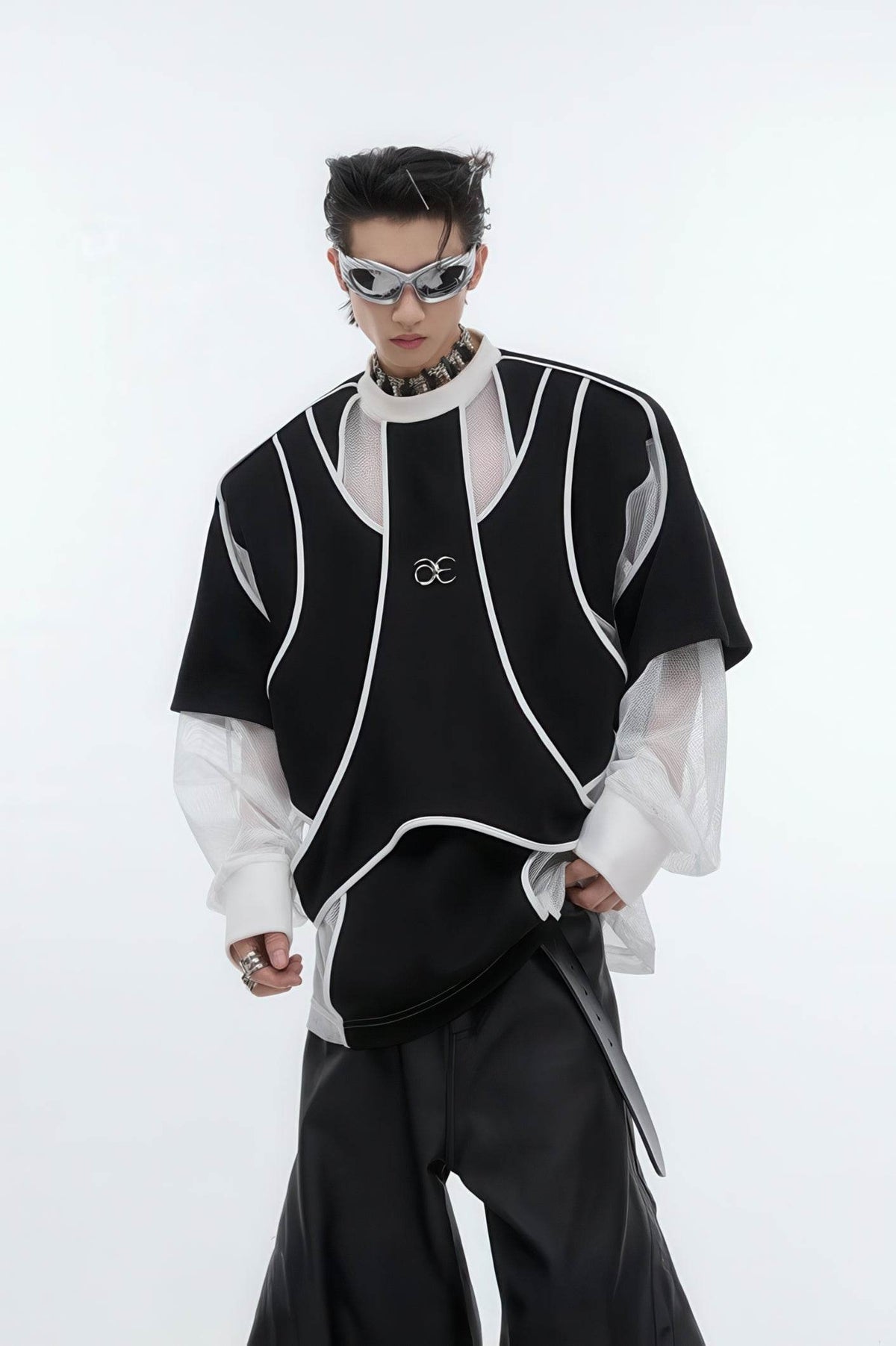 Deconstructed Split Hoodie - Heavyweight Metal Trim with Shoulder Pads - URBANPICK FASHION