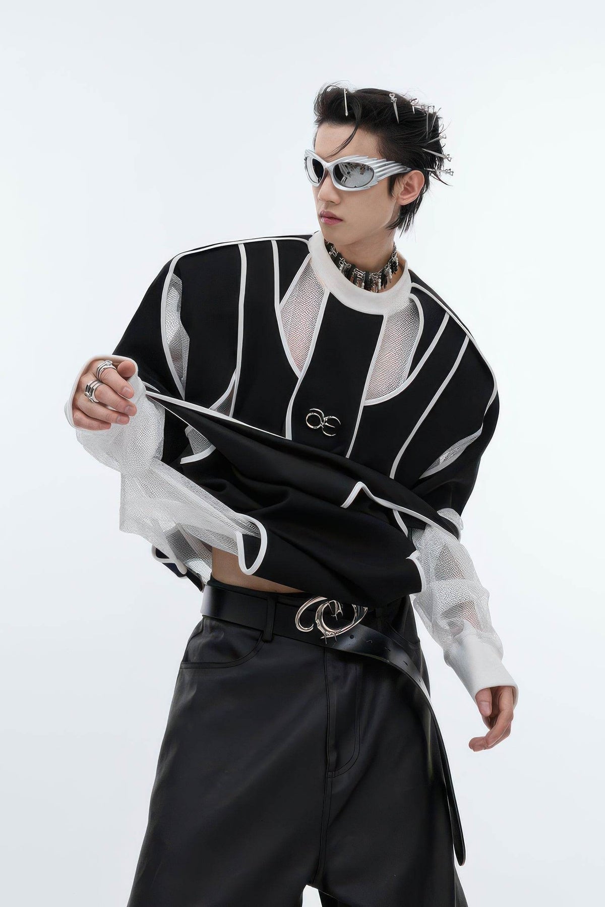 Deconstructed Split Hoodie - Heavyweight Metal Trim with Shoulder Pads - URBANPICK FASHION