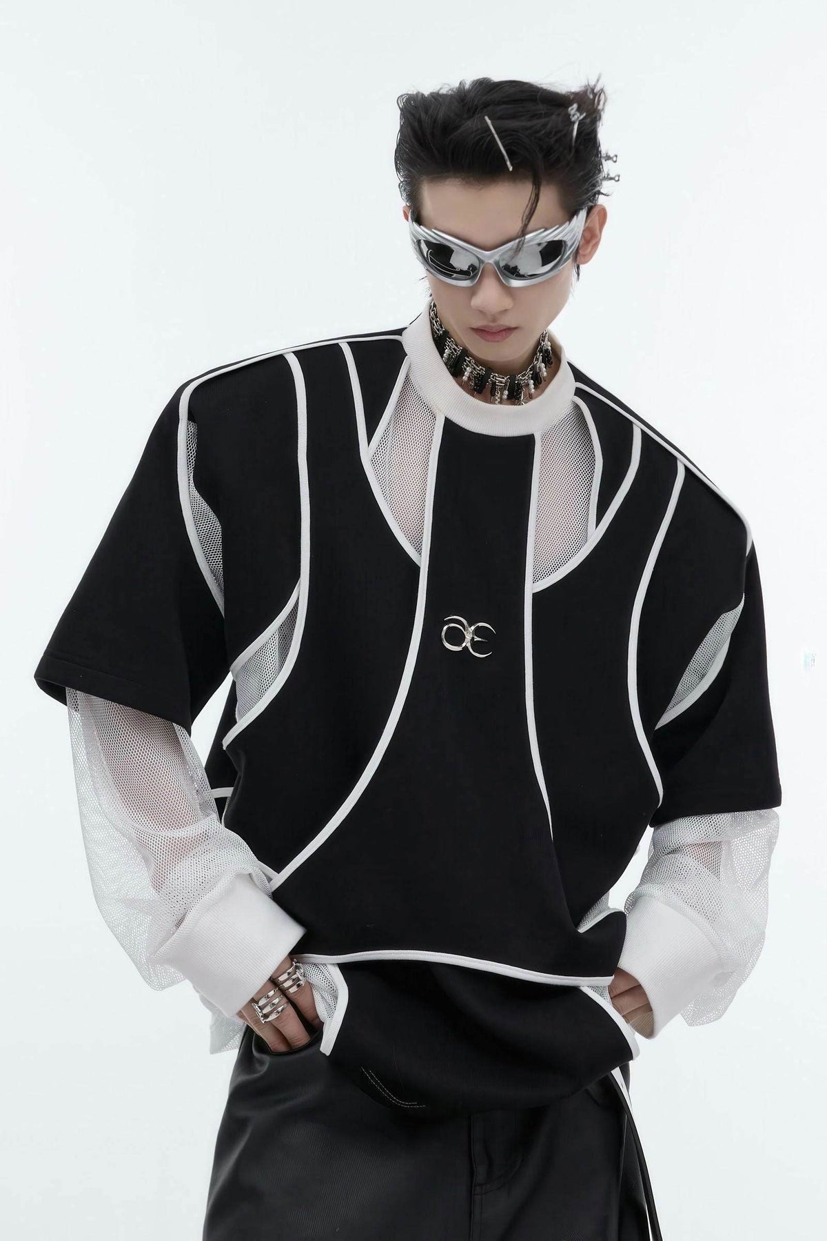 Deconstructed Split Hoodie - Heavyweight Metal Trim with Shoulder Pads - URBANPICK FASHION