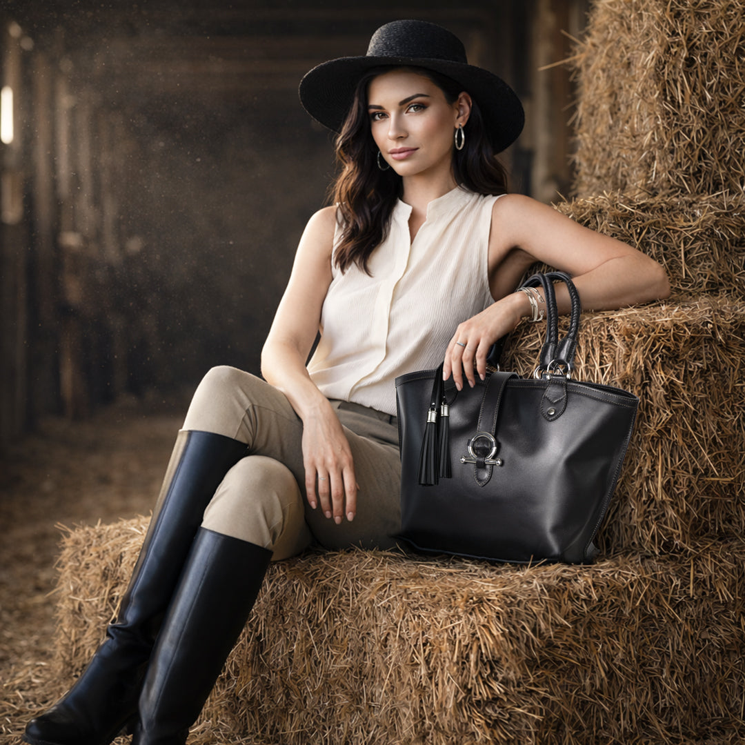 Del Rey -Horse Bit Tote Luxury Leather Handbag in Black - URBANPICK FASHION