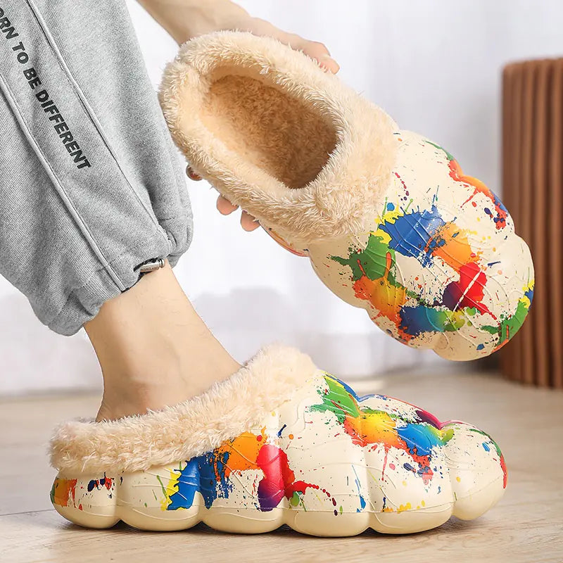 Fleece-lined Contrast Color Cotton Slippers for Home - URBANPICK FASHION