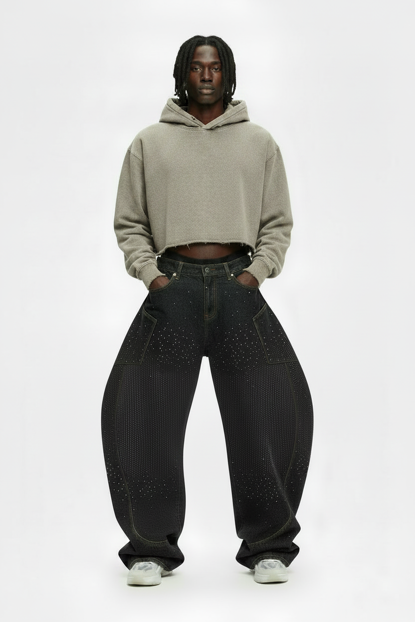 Crystal Embellished Barrel-Leg Jeans
