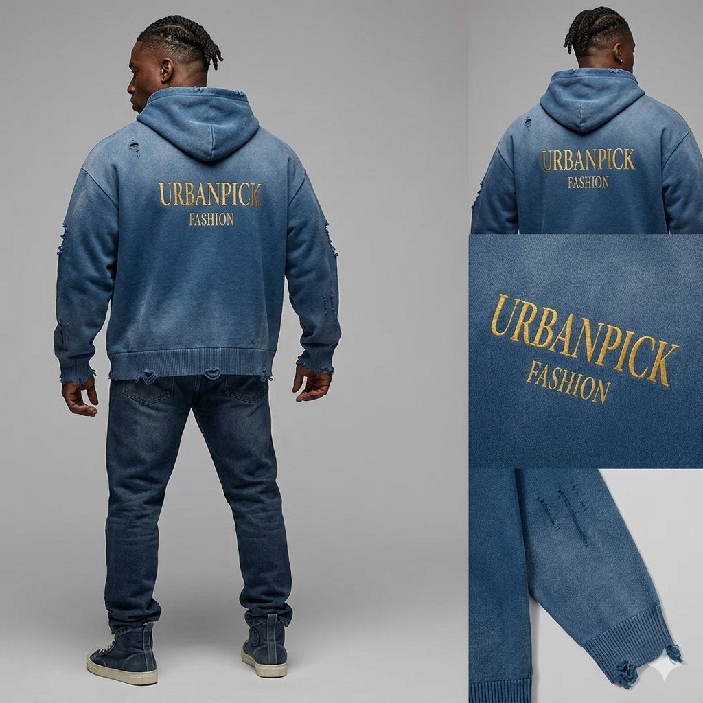 Distressed Full-Zip Hoodie — Washed Blue