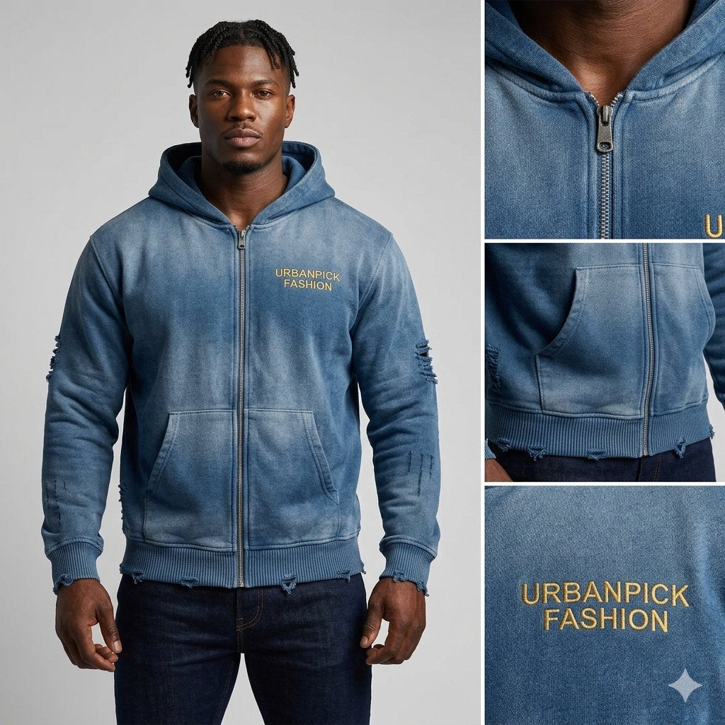 Distressed Full-Zip Hoodie — Washed Blue