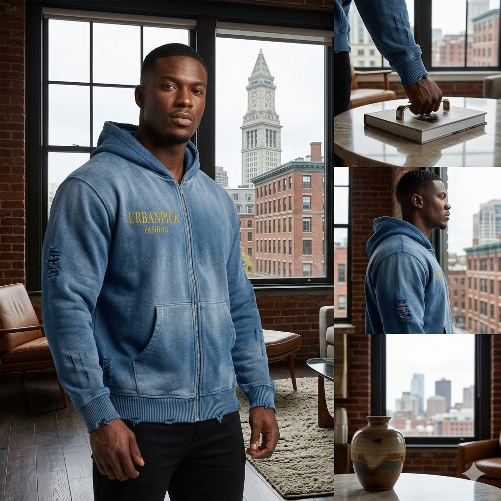 Distressed Full-Zip Hoodie — Washed Blue