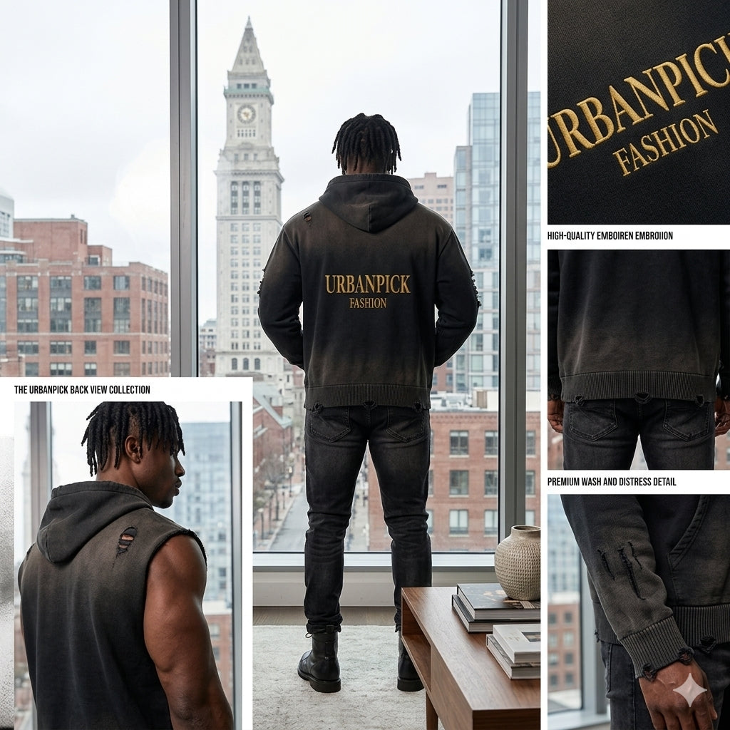 Distressed Full-Zip Hoodie — Black