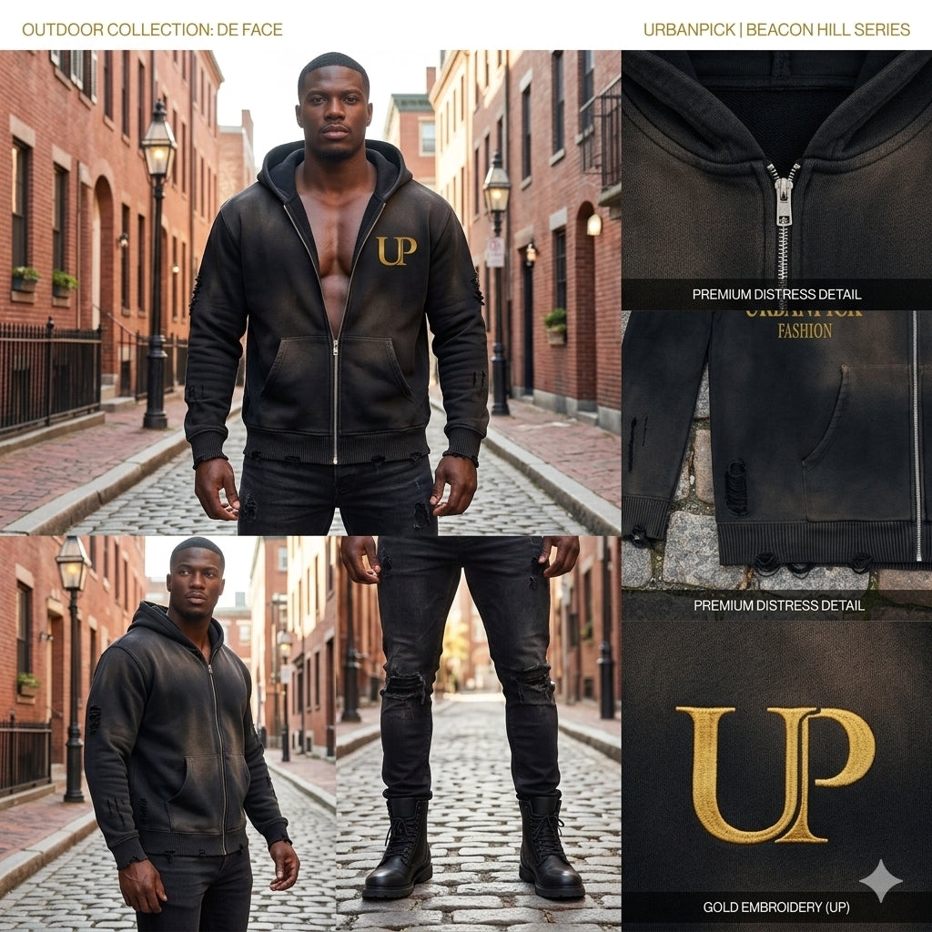 Distressed Full-Zip Hoodie — Black