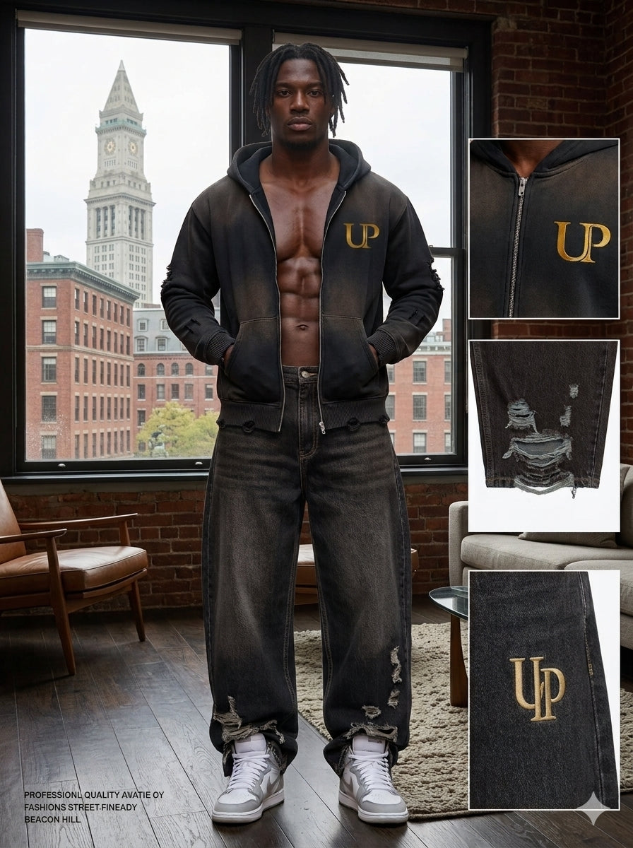 Distressed Full-Zip Hoodie — Black