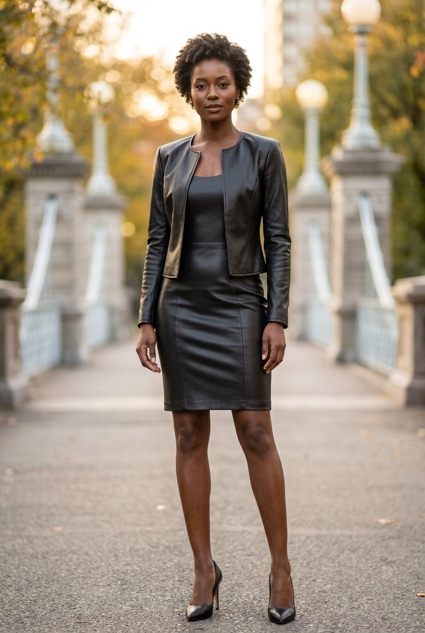 Open Front Leather Jacket & Dress Set