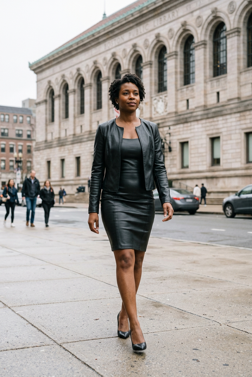 Open Front Leather Jacket & Dress Set